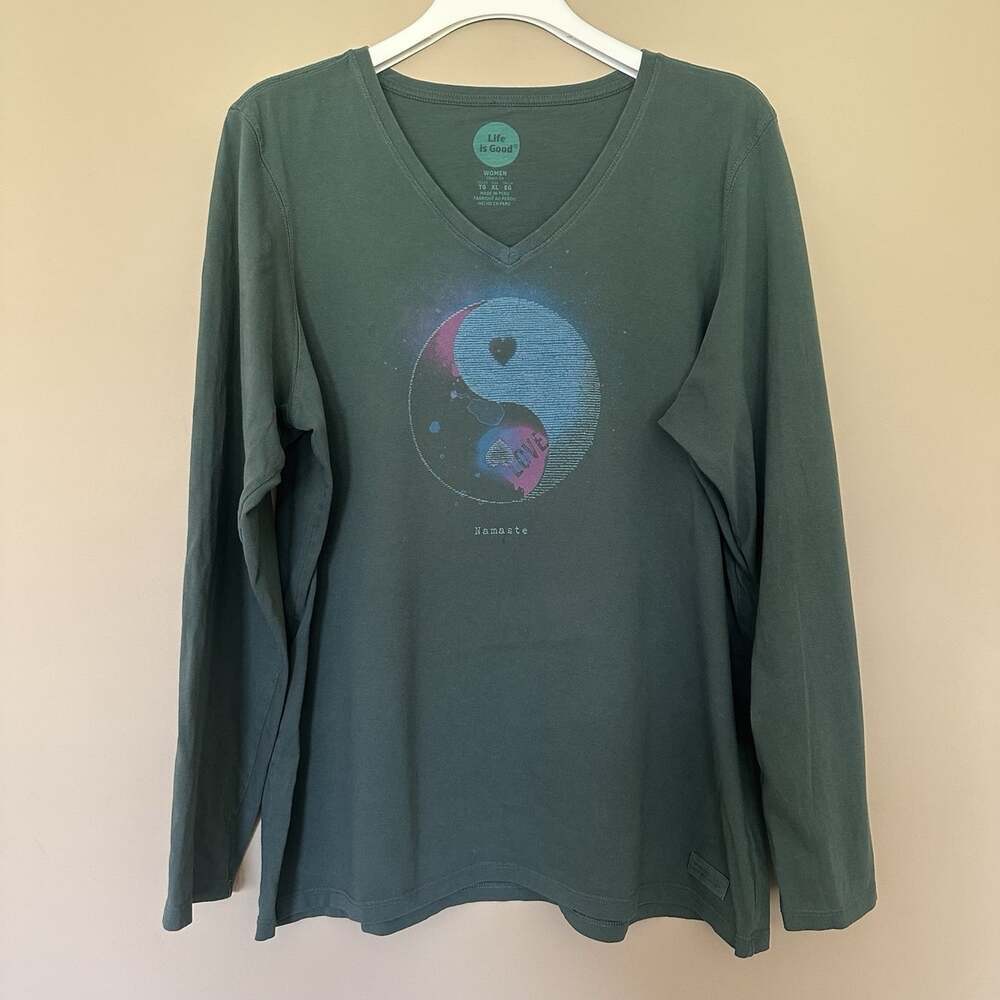 Life Is Good Namaste XL Long Sleeve Tshirt Yin Yang Tee Love Green Yoga Boho